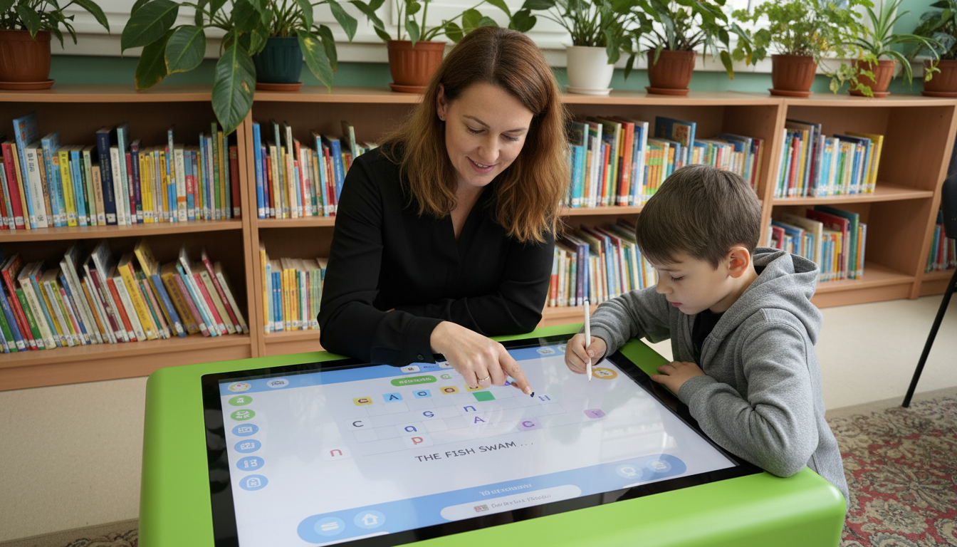 Stół multimedialny podczas zajęć rewalidacyjnych - terapeuta i dziecko pracują wspólnie przy ekranie dotykowym w bibliotece
